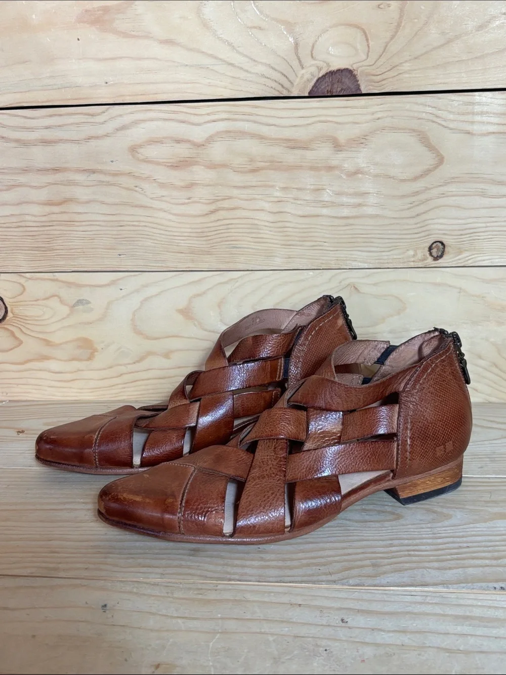Bed Stu Brittany woven brown leather booties size 7